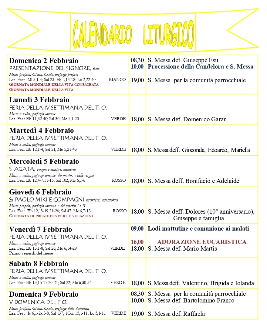 Calendario liturgico  e giornalino parrocchiale 2-9 febbraio 2025