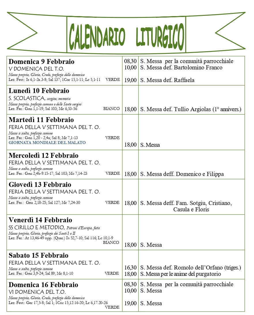 Giornalino parrocchiale e calendario liturgico 9-16 febbraio 2025