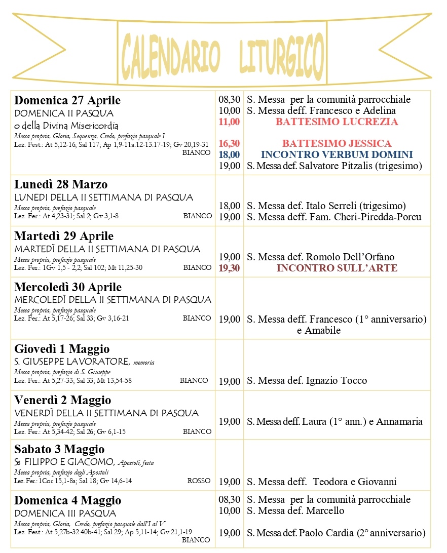 Calendario liturgico e giornalino parrocchiale  27 aprile – 4 maggio 2025