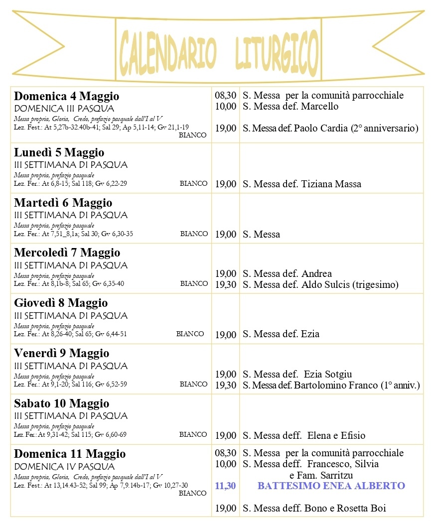 Calendario liturgico e giornalino parrocchiale 4-11 maggio 2025