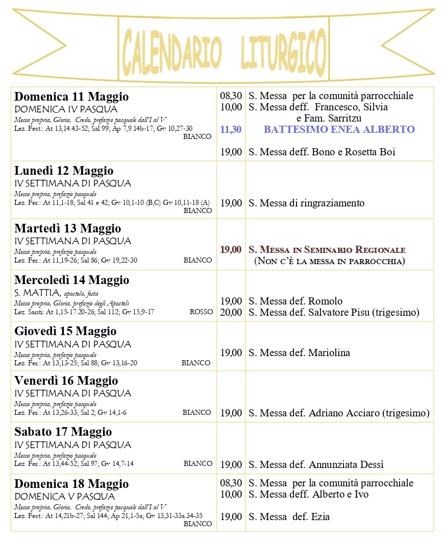Calendario liturgico e giornalino parrocchiale 11-18 maggio 2025