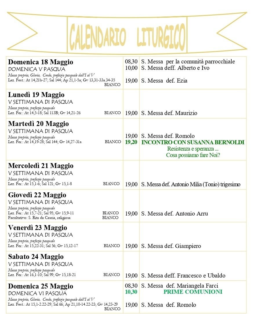 Calendario liturgico e giornalino parrocchiale 18-25 maggio 2025