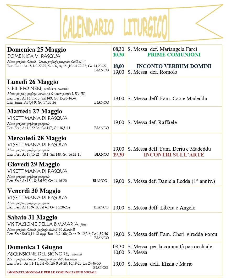 Calendario liturgico e giornalino parrocchiale 25 maggio – 1 giugno