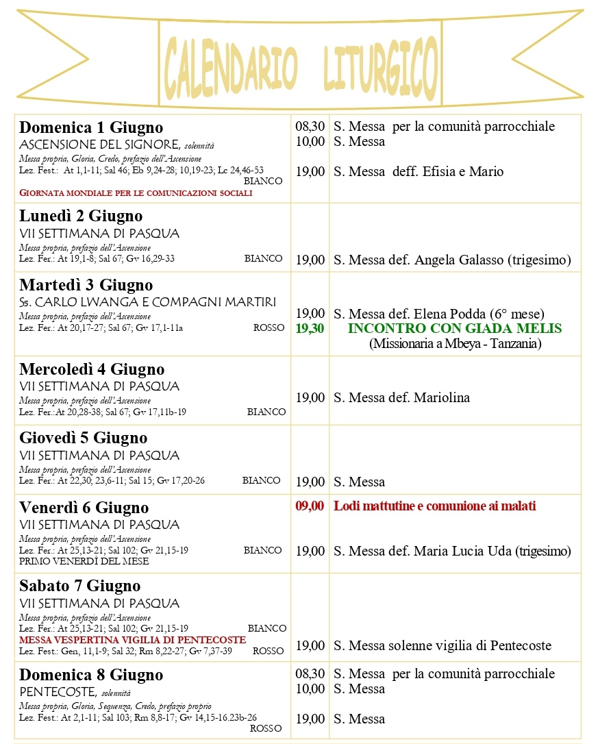Calendario litrugico e giornalino parrocchiale 01-8 giugno 2025