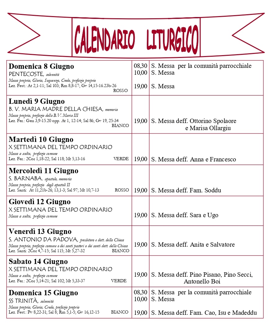 Calendario liturgico e giornalino parrocchiale 8-15 giugno 2025