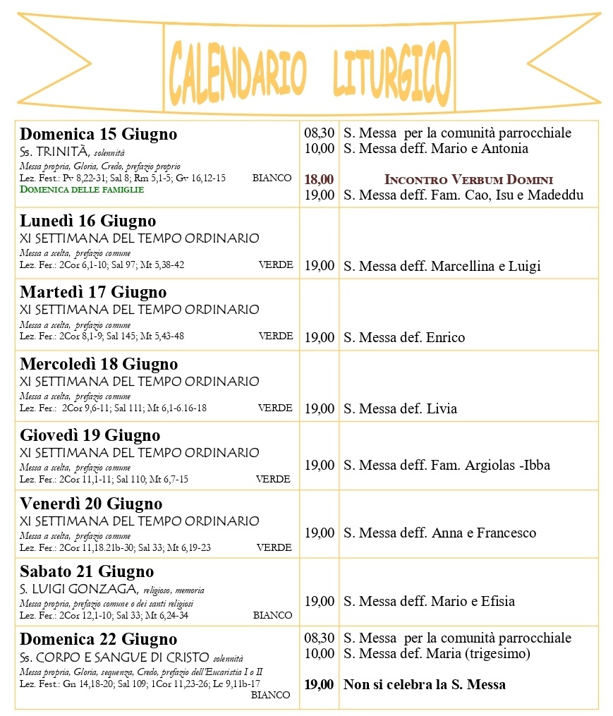 Calendario liturgico e giornalino parrocchiale 15-22 giugno 2025
