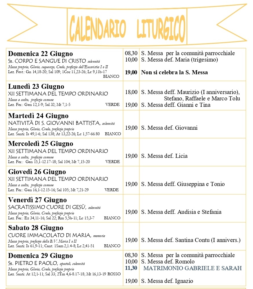 Calendario liturgico e giornalino parrocchiale 22-29 giugno 2025
