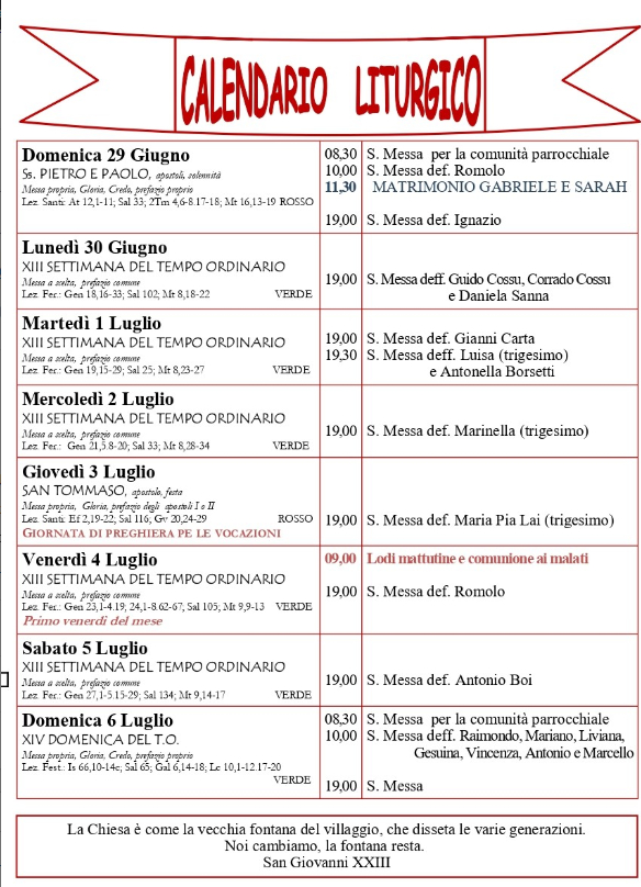 Calendario liturgico e giornalino parrocchiale 29 giugno – 6 luglio 2025