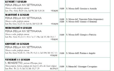 Calendario liturgico 6-13 luglio 2025