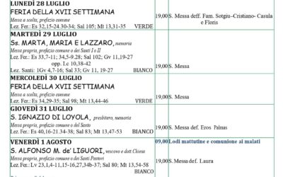 Calendario liturgico 27 luglio – 3 agosto 2025