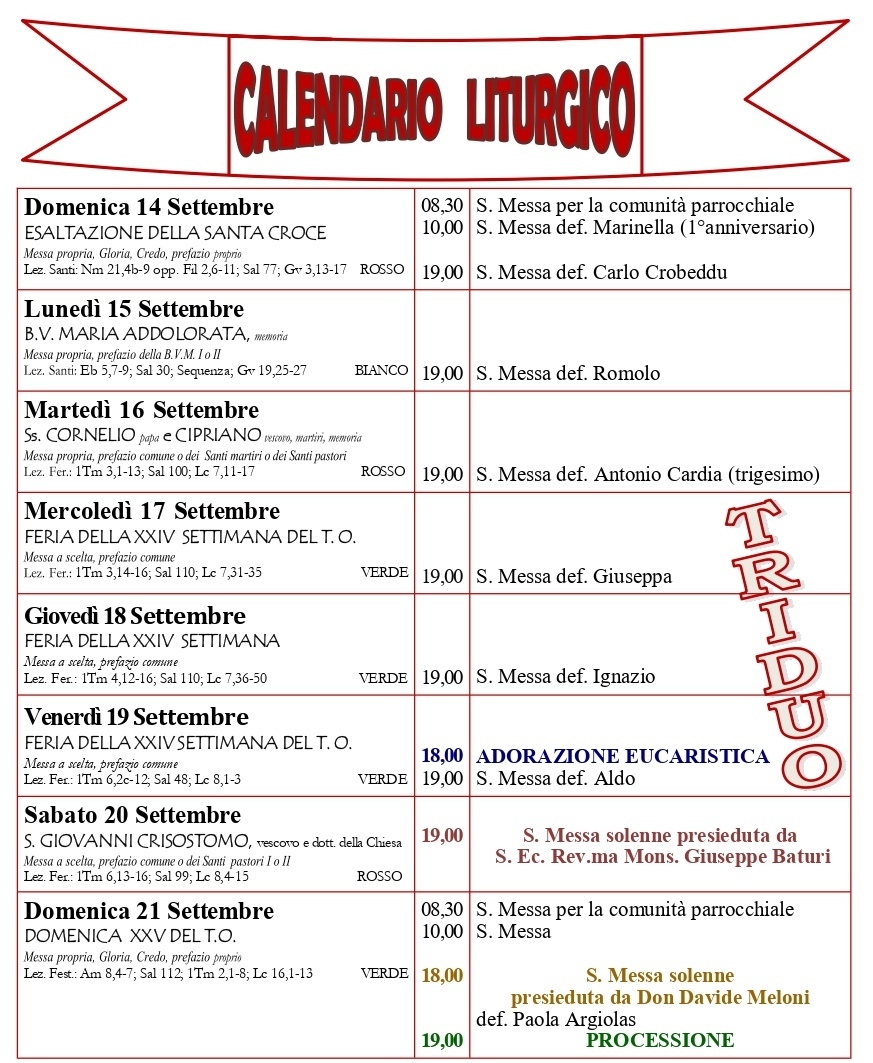Calendario liturgico e giornalino parrocchiale 14 – 21 Settembre 2025