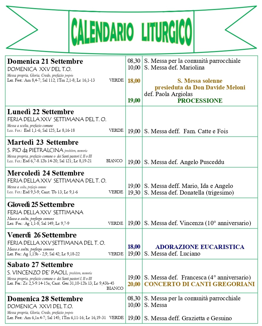 Calendario liturgico e giornalino parrocchiale 19 – 26 settembre 2025