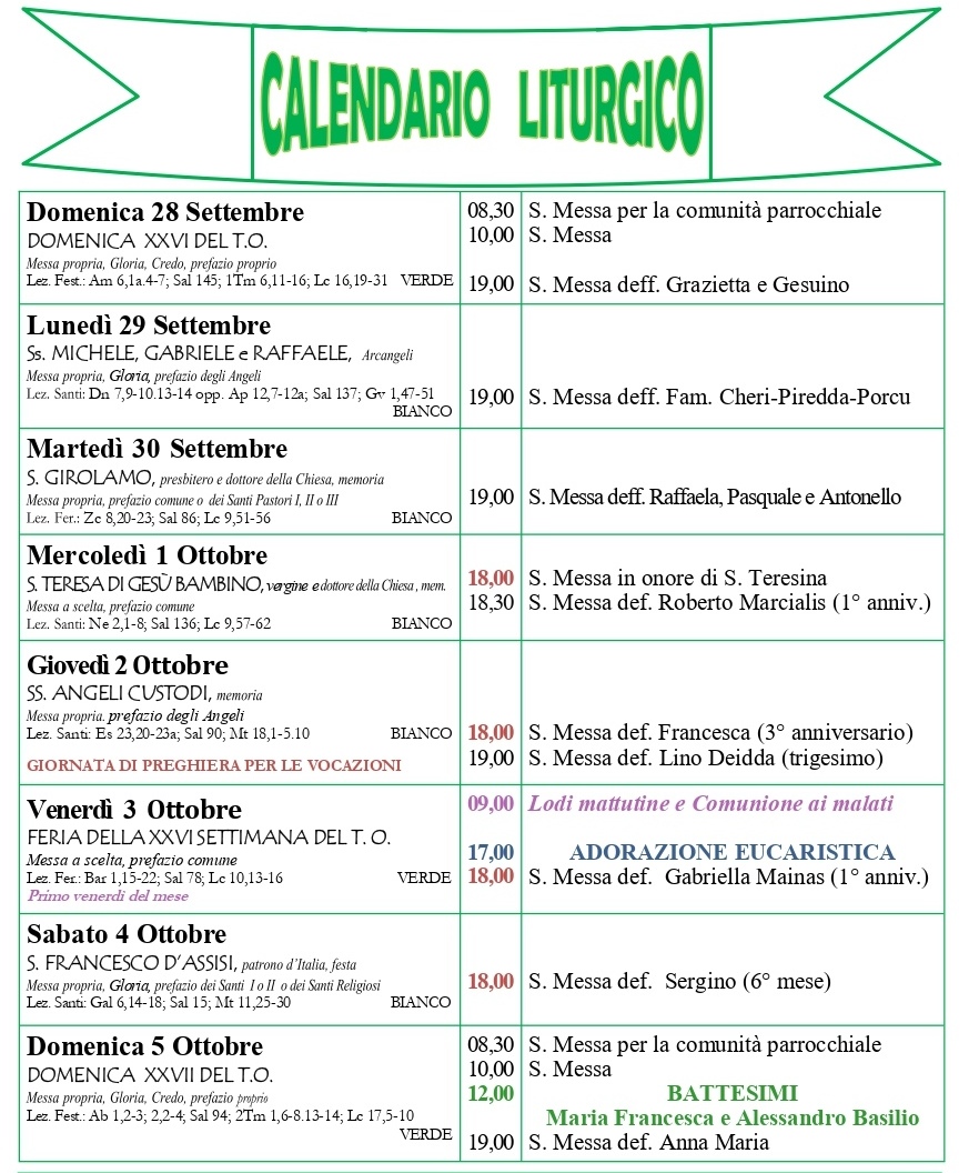 Calendario liturgico e giornalino parrocchiale 28 settembre – 5 ottobre 2025