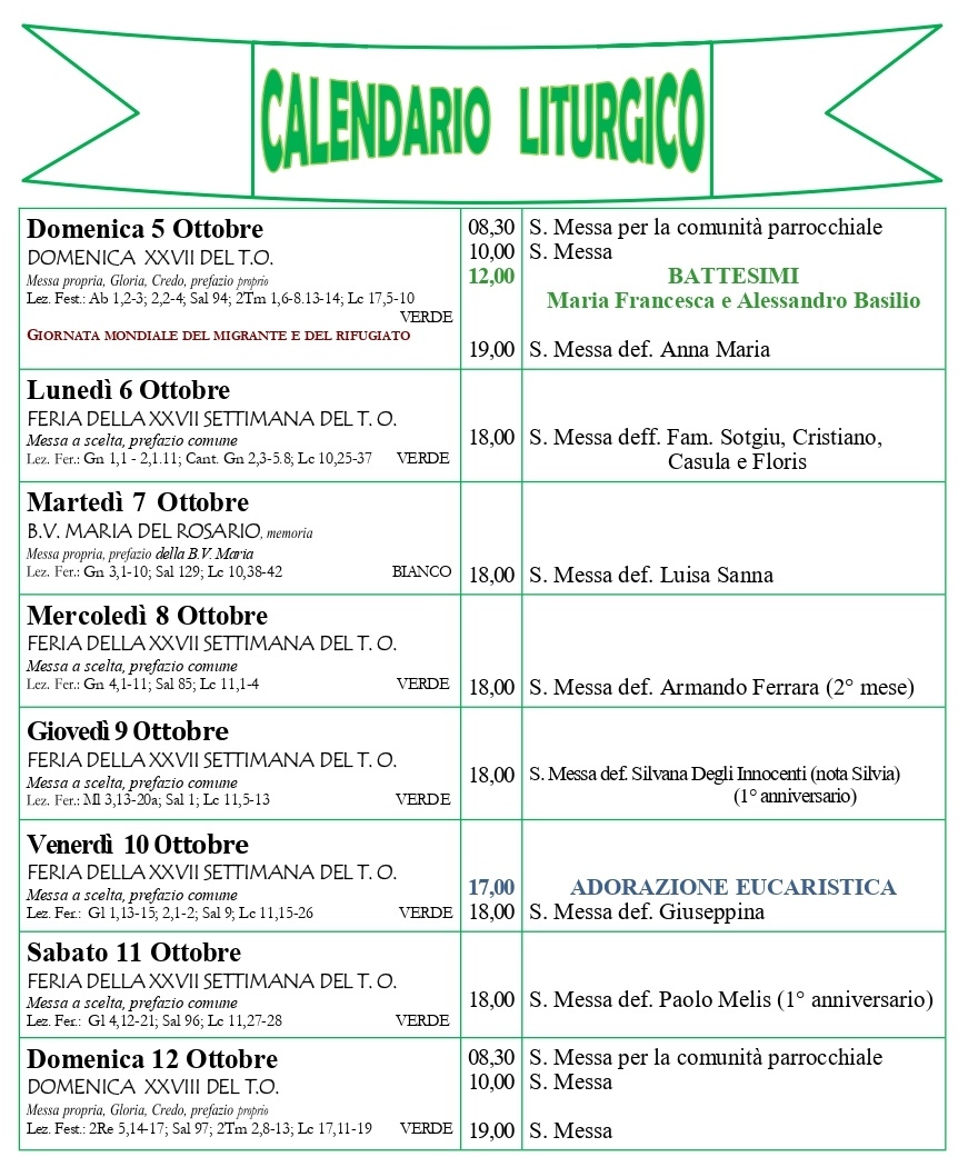 Calendario liturgico e giornalino parrocchiale 5 – 12 ottobre 2025