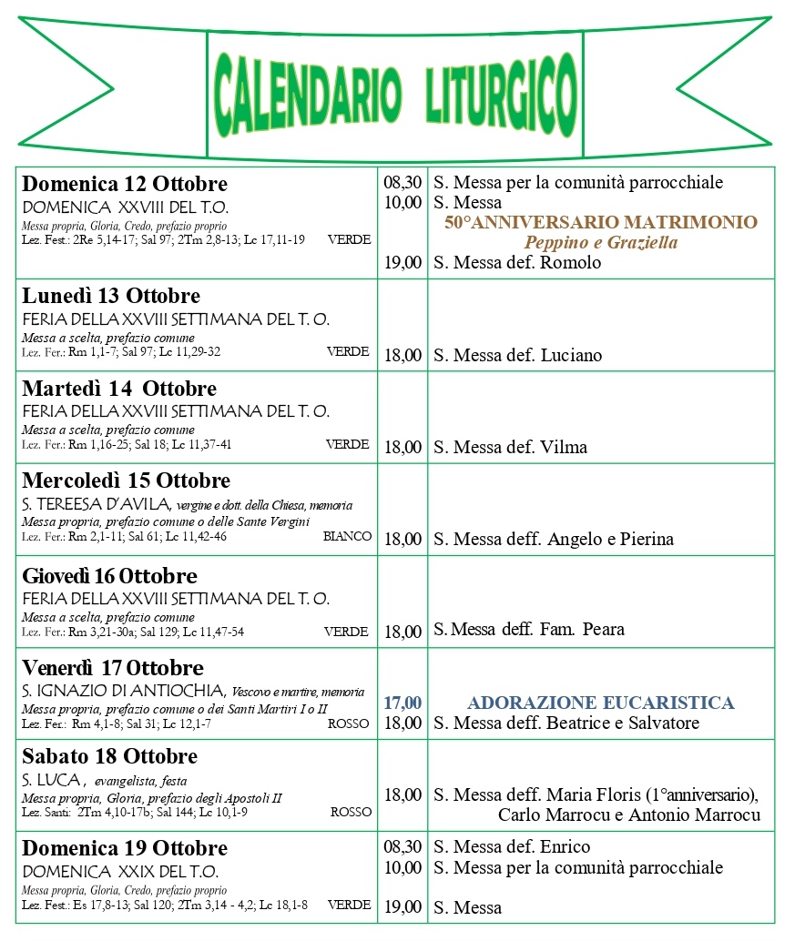 Calendario liturgico e giornalino parrocchiale 12-19 ottobre 2025
