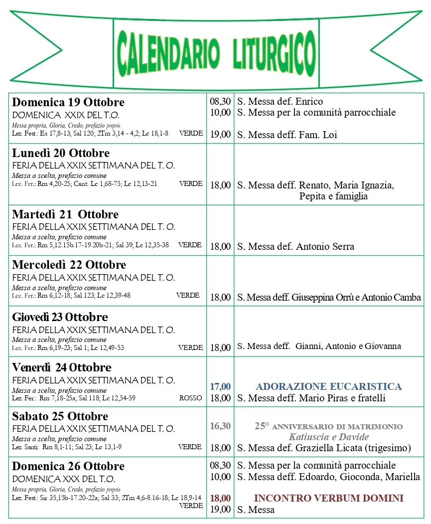 Calendario liturgico e giornalino parrocchiale 19 – 26 ottobre 2025