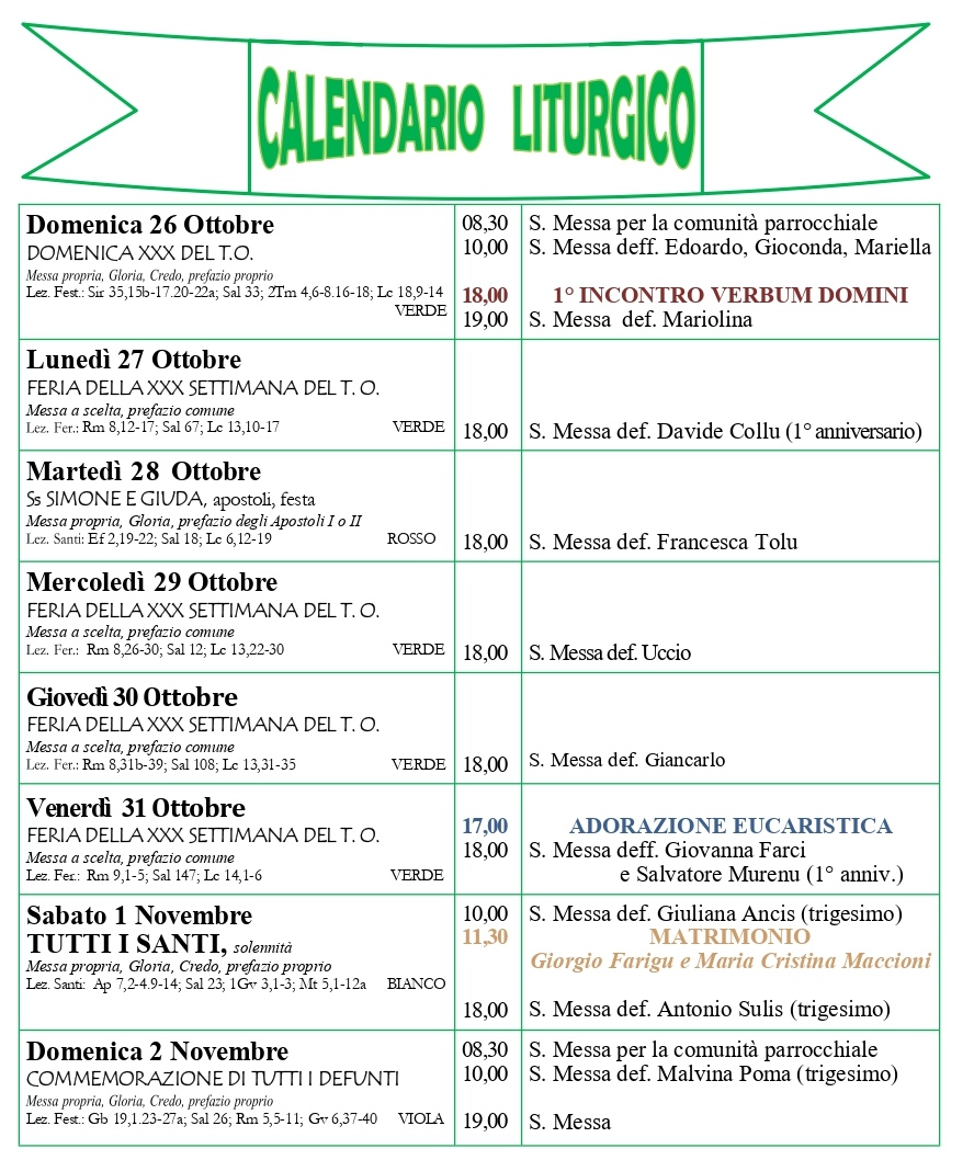 Calendario liturgico e giornalino parrocchiale 26 ottobre – 2 novembre 2025