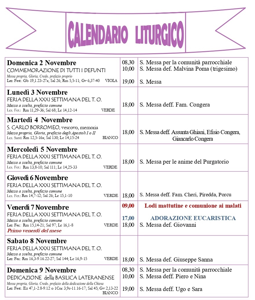 Calendario liturgico e giornalino parrocchiale 2-9 novembre 2025