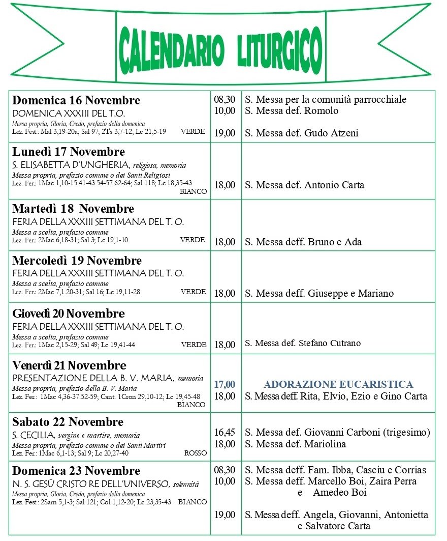 Calendario liturgico e giornalino parrocchiale 16-23 novembre 2025
