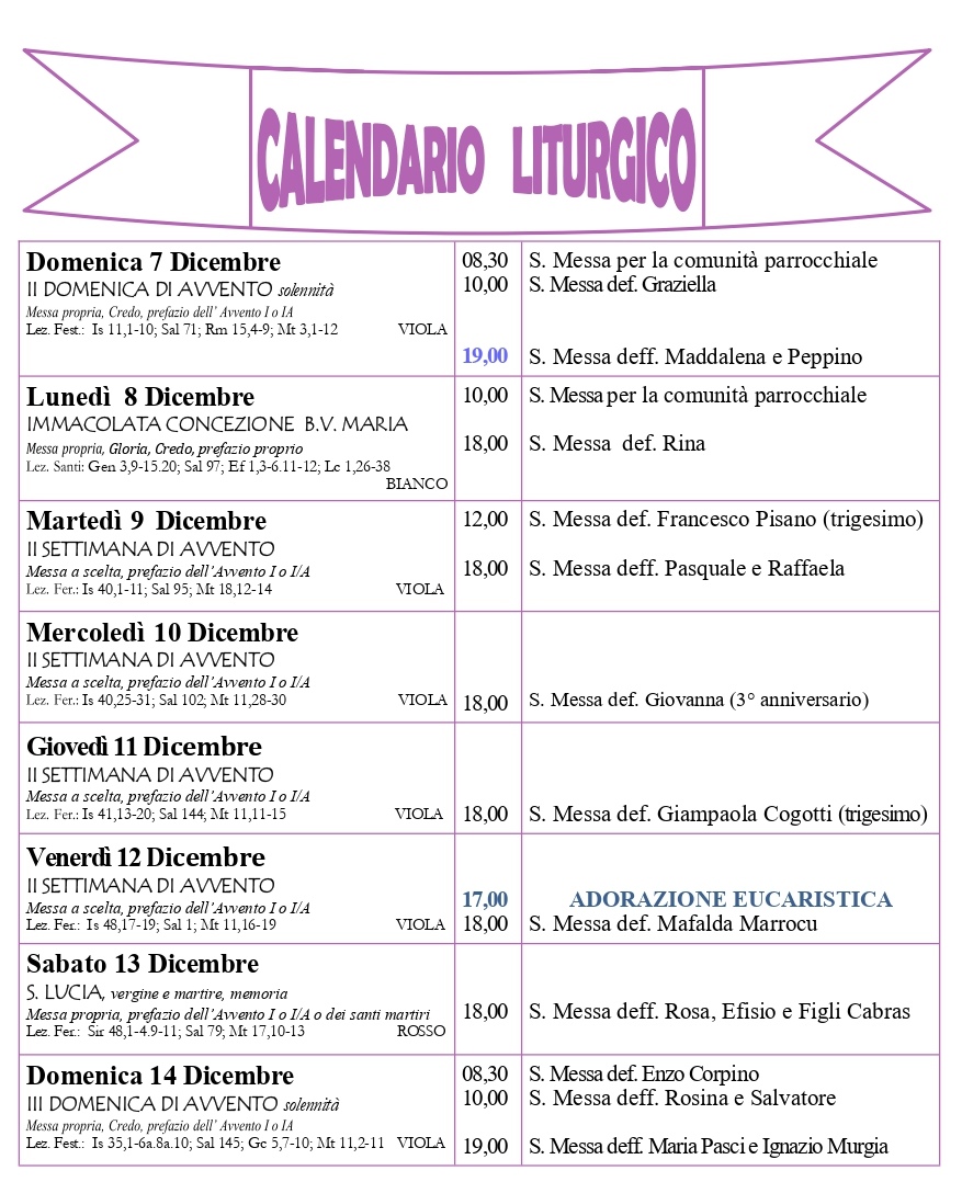 Calendario liturgico e giornalino parrocchiale 7-14 dicembre 2025