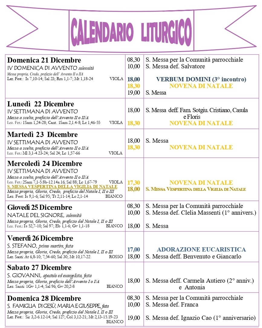 Calendario liturgico e giornalino parrocchiale 21 – 28 dicembre 2025