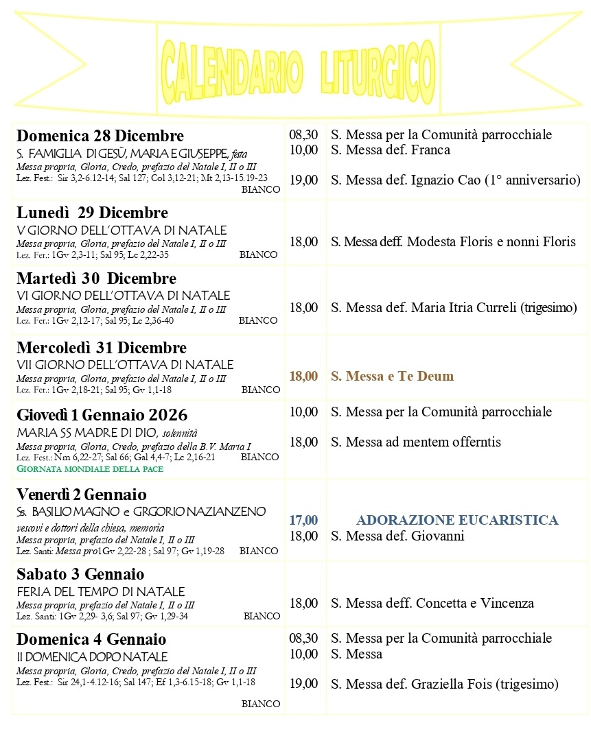 Calendario liturgico e giornalino parrocchiale 27 dicembre 2025 – 4 gennaio 2026