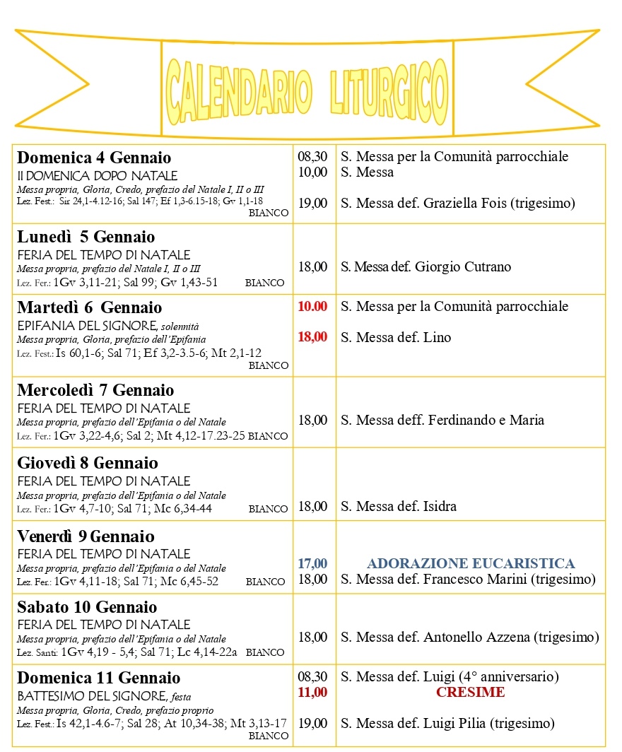 Calendario liturgico e giornalino parrocchiale 4-11 gennaio 2026